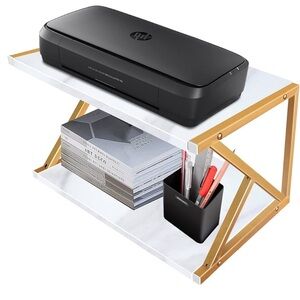 Desktop Printer Stand with 2 Tiers Wood Desk Organizer - marble & gold